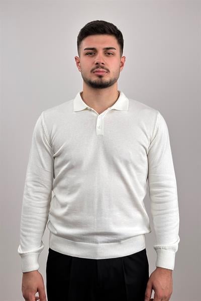 Düğmeli Polo Yaka Triko - Beyaz