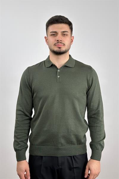 Düğmeli Polo Yaka Triko - Haki yeşil
