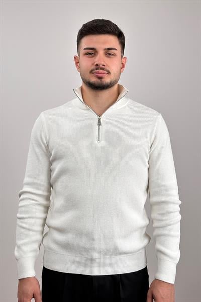 Fermuar Yakalı Örme Kazak - Beyaz