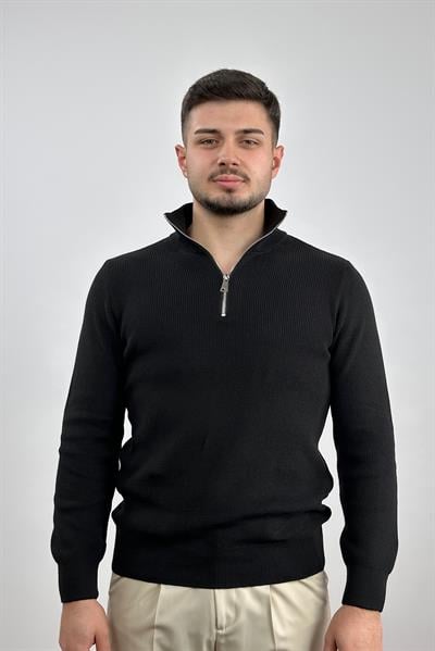 Fermuar Yakalı Örme Kazak - Siyah