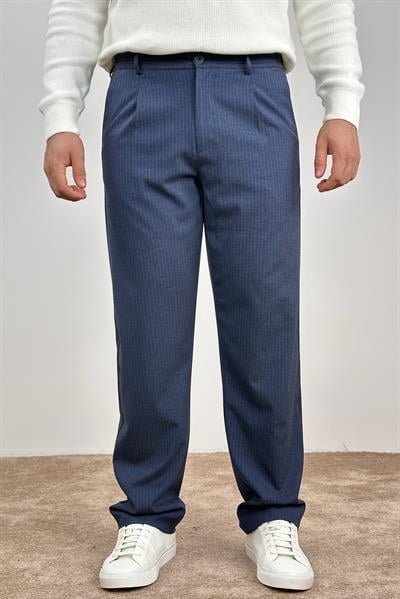 Pile Detaylı Premium Kumaş Pantlon - Lacivert Çizgili