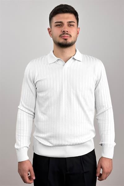 Polo Yaka Çizgili Kazak - Beyaz