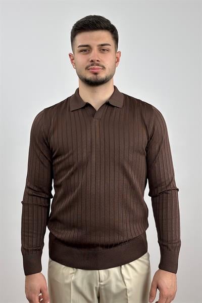 Polo Yaka Çizgili Kazak - Kahve