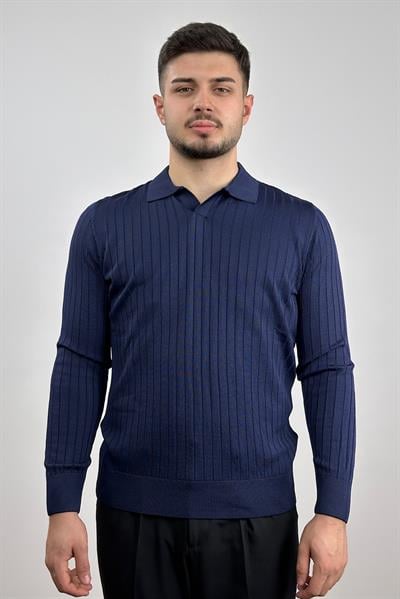 Polo Yaka Çizgili Kazak - Lacivert
