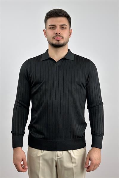 Polo Yaka Çizgili Kazak - Siyah