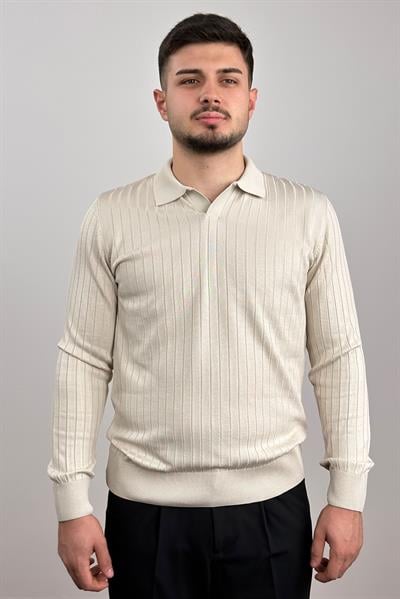 Polo Yaka Çizgili Kazak - Taş