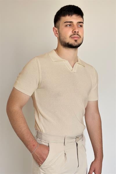 Polo Yaka Selanik Örgüsü Triko Tişört - Taş