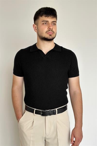 Polo Yaka Selanik Örgüsü Triko Tişört - Siyah