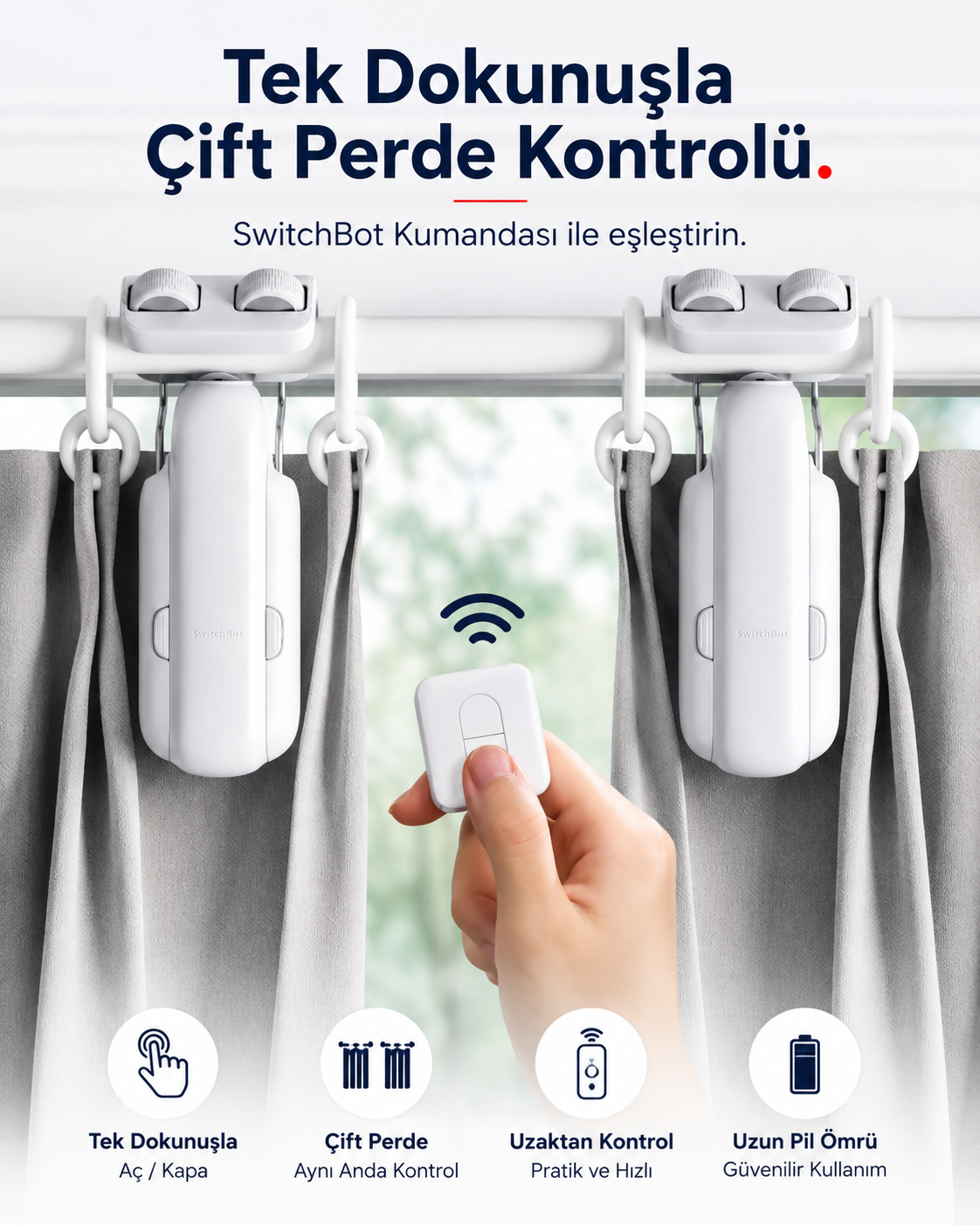 Kablosuz Perde Motoru Boru Tipi genel görünüm
