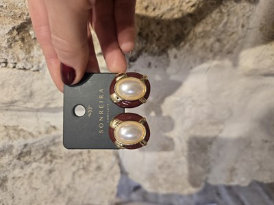 İncili Vintage Küpe Bordo 