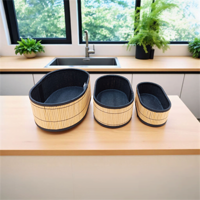 3Lü Bambu Hasır Oval Sepet Seti