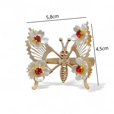 Beyaz Çiçekli Kırmızı Taşlı Kelebek Pens Toka 