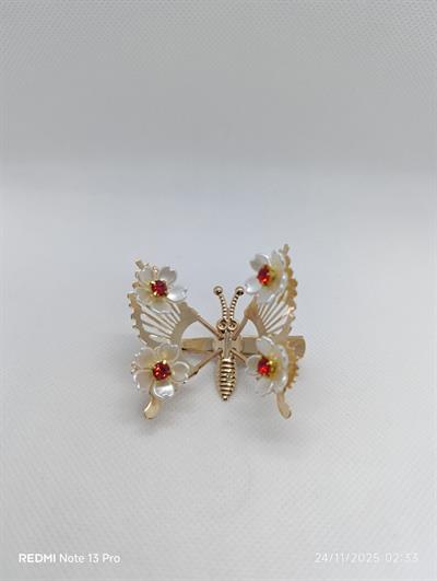 Beyaz Çiçekli Kırmızı Taşlı Kelebek Pens Toka 