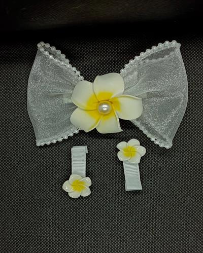 Beyaz Fiyonklu Çiçekli Pens Toka Set