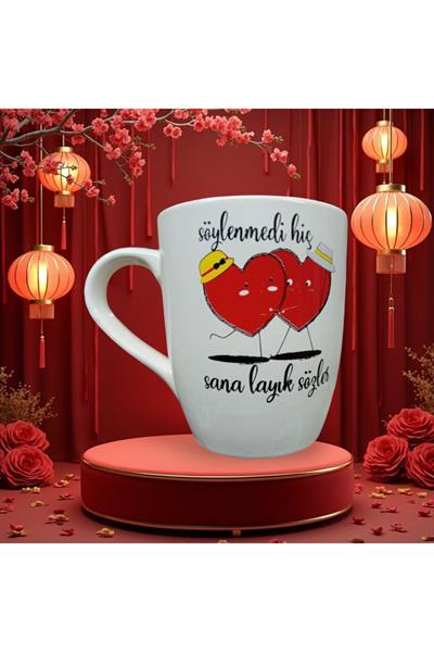 Beyaz Renkli - Sevgi-Aşk Desenli Kupa Bardak