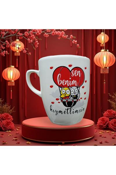 Beyaz Renkli - Sevgi-Aşk Desenli Kupa Bardak