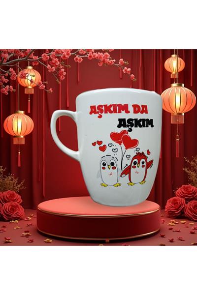 Beyaz Renkli - Sevgi-Aşk Desenli Kupa Bardak