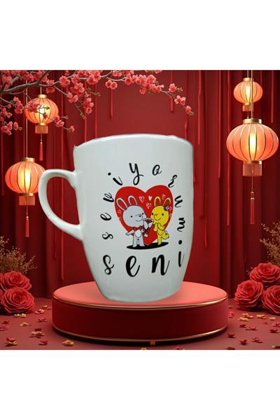 Beyaz Renkli - Sevgi-Aşk Desenli Kupa Bardak