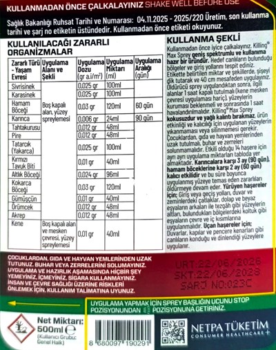 Killing Max Sprey 3 Ay Etkili Çok Amaçlı Hazır Böcek İlacı – 500 ml