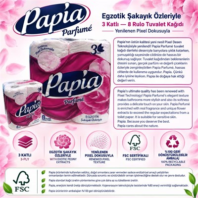 Papia Parfümlü Egzotik Şakayık Özlü 3 Katlı Tuvalet Kağıdı (8 Rulo)