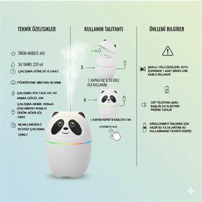 Sevimli Panda Figürlü Hava Nemlendirici Ultrasonik Soğuk Buhar Makinesi