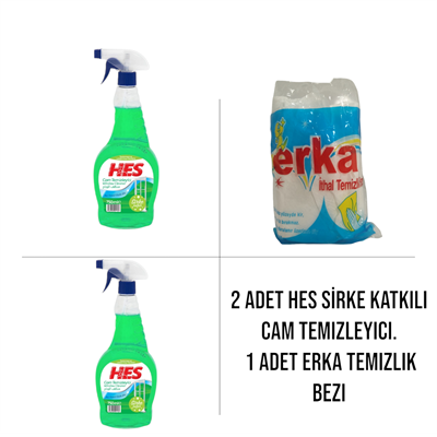 Sirke Katkılı Cam Temizleyici 750ml (2 ADET), Erka Çok Amaçlı Temizlik Bezi (1 ADET)
