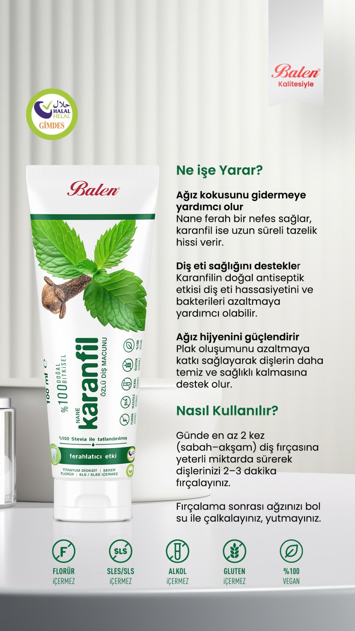 Balen Doğal Nane & Karanfil Özlü Diş Macunu 100ml