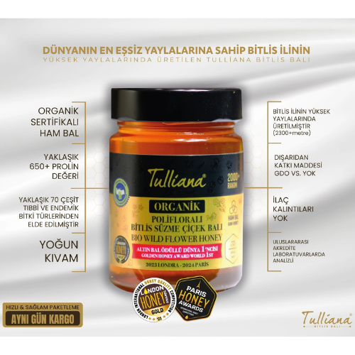 Tulliana Organik Polifloralı Ham Süzme Bitlis Çiçek Balı 450g