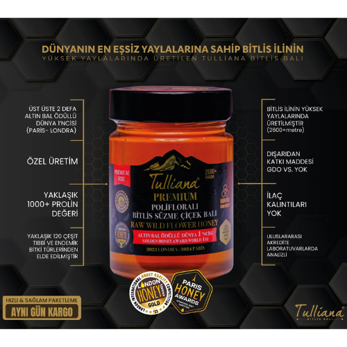 Tulliana Premium Polifloralı Ham Süzme Bitlis Çiçek Balı 450g