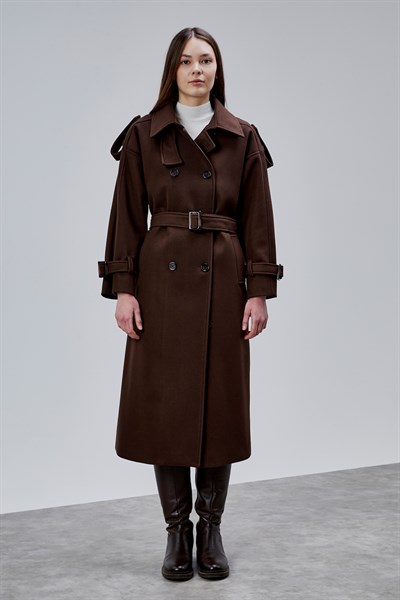 Acı Kahve Kuşaklı Oversize Kaşe Kaban 44577 