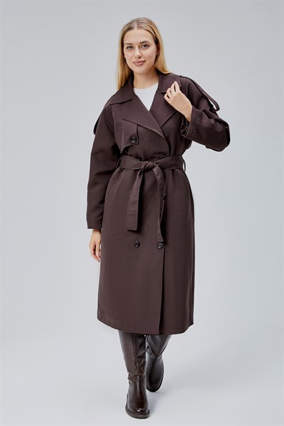Acı Kahve Oversize Astarlı Uzun Trençkot