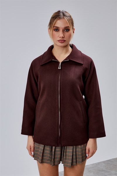 Acı Kahve Oversize Fermuarlı Kaşe Ceket