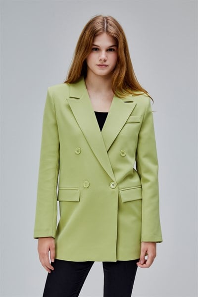 Açık Haki Regular Astarlı Kruvaze Kapama Dokuma Oversize Blazer Ceket