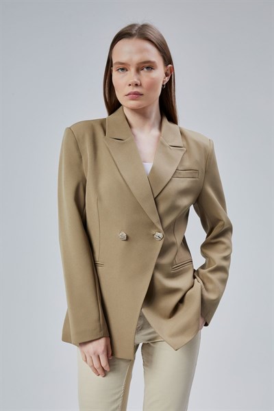 Açık Haki Regular Fit Yırtmaç Detaylı Blazer Ceket