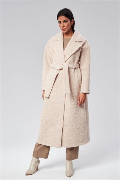 Bej Buklet Kaşe Oversize Kaban