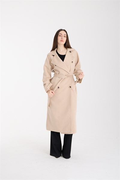 Bej Düğme Detaylı Oversize Kuşaklı Trençkot
