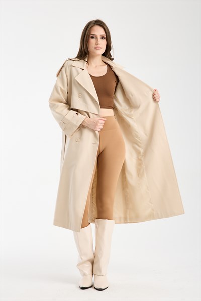 Bej Oversize Kruvaze Kapama Rüzgarlık Detaylı Trençkot 44956