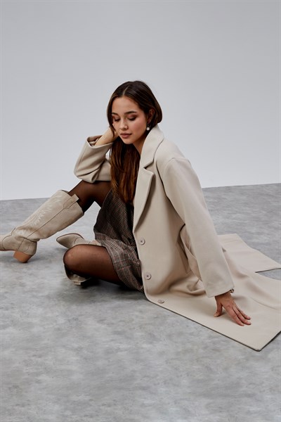 Bej Premium Oversize Kemerli Kaşe Kaban