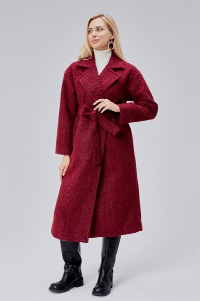 Bordo Buklet Kaşe Oversize Kaban