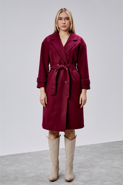Bordo Kuşaklı Oversize Kaşe Kaban