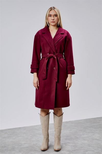 Bordo Kuşaklı Oversize Kaşe Kaban