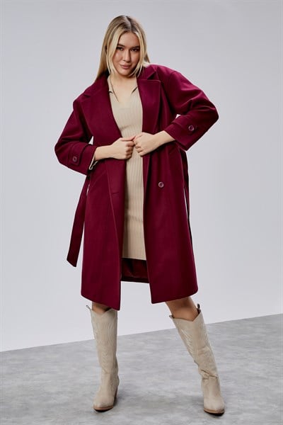 Bordo Kuşaklı Oversize Kaşe Kaban