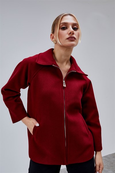 Bordo Oversize Fermuarlı Kaşe Ceket