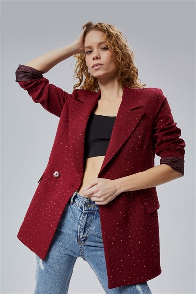 Bordo Regular Dokuma Astarlı Taş Detaylı Blazer Ceket