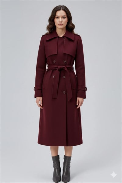 Bordo Regular Rüzgarlık Detaylı Kaşe Kaban