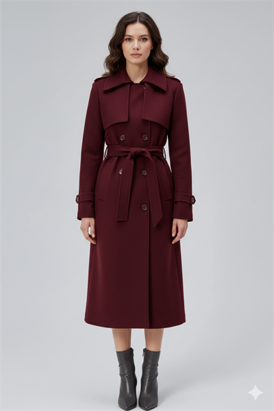 Bordo Regular Rüzgarlık Detaylı Kaşe Kaban