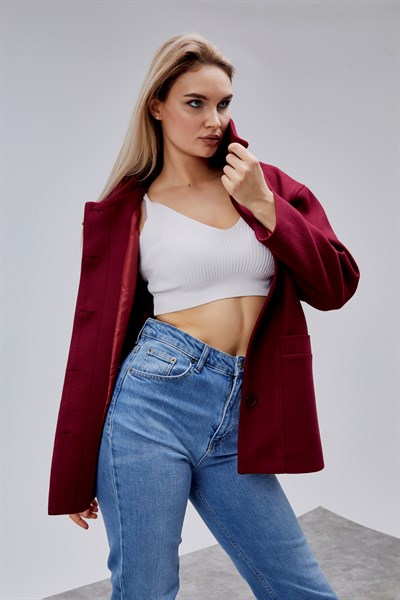 Camille Bordo Oversize Cep Detaylı Astarlı Kaşe Ceket
