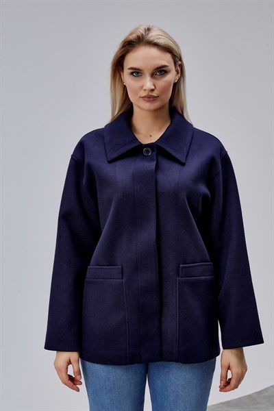 Camille Lacivert Oversize Cep Detaylı Astarlı Kaşe Ceket