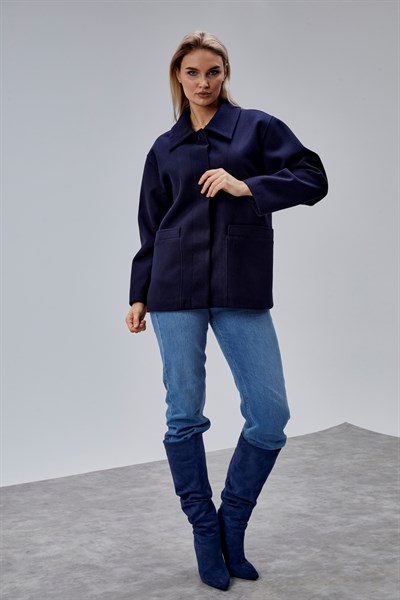 Camille Lacivert Oversize Cep Detaylı Astarlı Kaşe Ceket