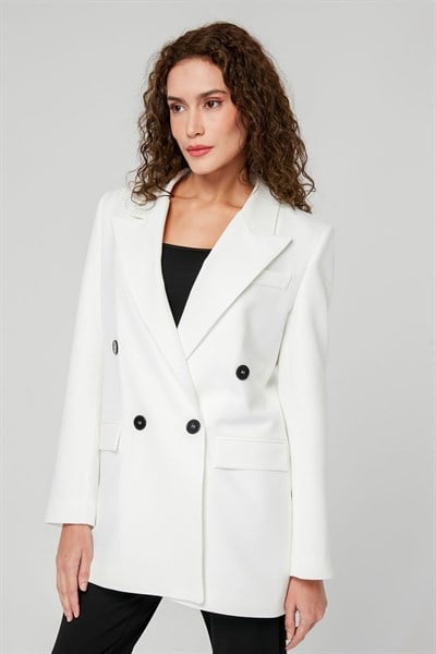 Ekru Regular Astarlı Kruvaze Kapama Dokuma Oversize Blazer Ceket